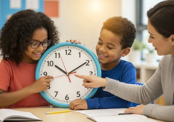Child learning to read an analog clock with a teacher.