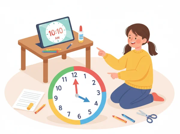 طفل يتعلم الوقت باستخدام ساعة تناظرية