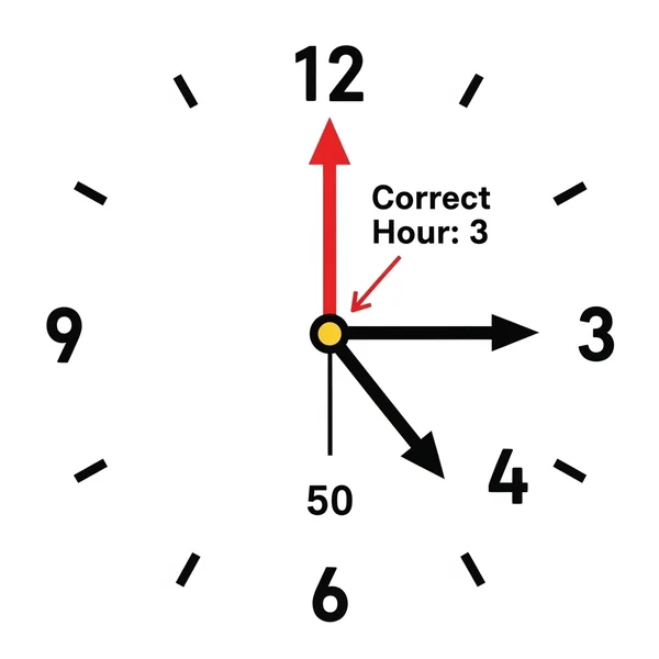 Jam pukul 3:50 menunjukkan pembacaan jarum jam yang benar.