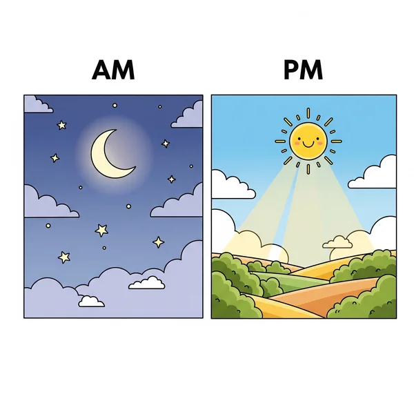 Visual que distingue AM (noche/mañana) y PM (día/tarde).