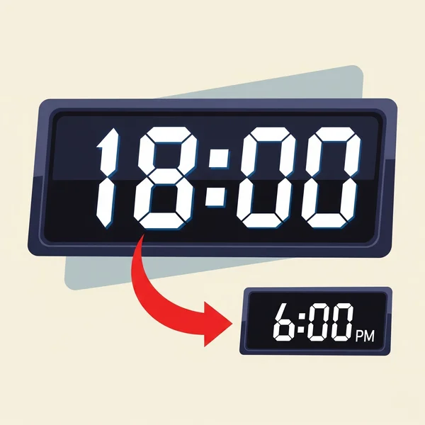 Ilustración de la conversión de las 18:00 de la hora militar a las 6:00 PM.
