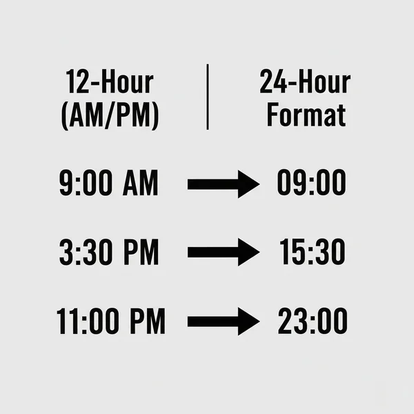 Gráfico que muestra ejemplos de conversión de AM/PM a hora de 24 horas.