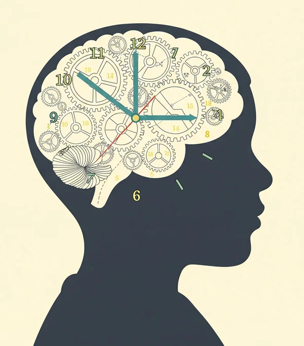 Child's brain with clock gears, symbolizing cognitive benefits.