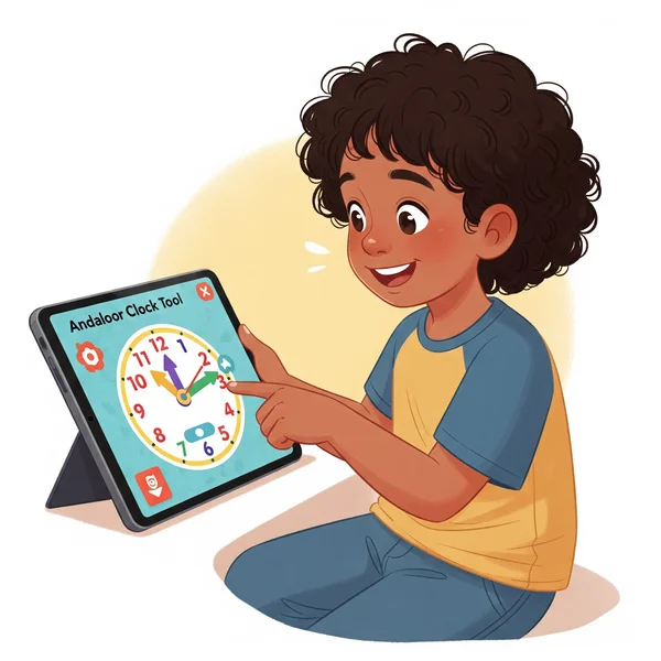 Child happily using interactive analog clock tool on tablet.