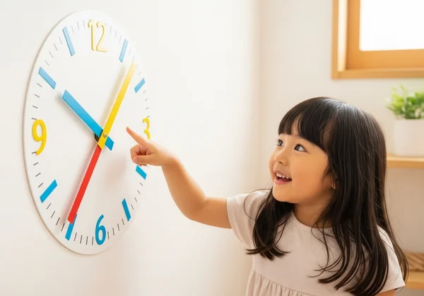 Child learning to read a large analog clock with joy
