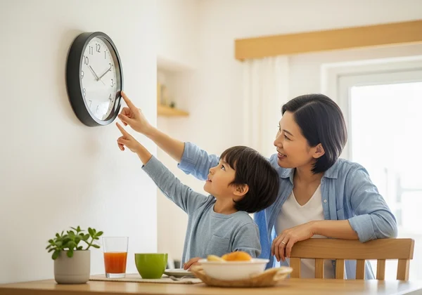 Parent and child using an analog clock in daily routine
