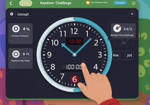 Child's hand interacting with random time challenge on clock