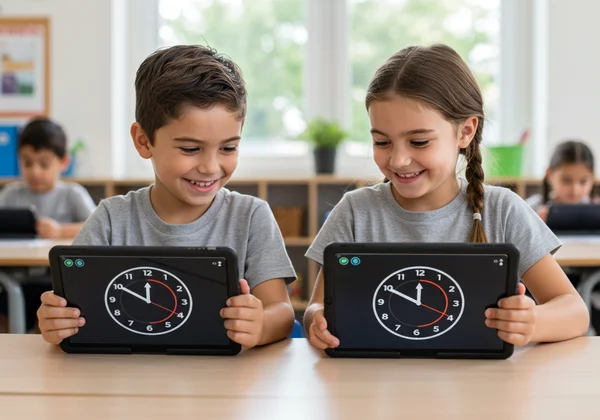 Pelajar sekolah rendah bermain permainan mengenal jam pada tablet