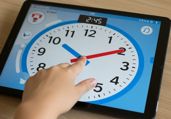 Child using interactive clock to learn minutes to the hour