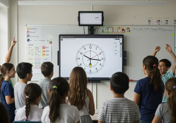 Kids in a classroom using an interactive clock on a board.
