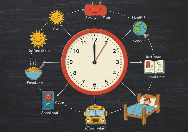 Illustration of daily routine icons around an analog clock.