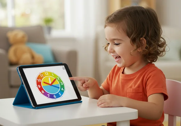 A child happily playing an interactive clock game on a tablet.