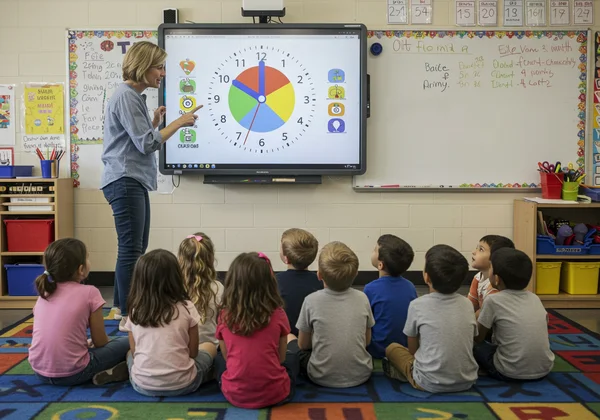 Teacher and students using a large interactive clock.