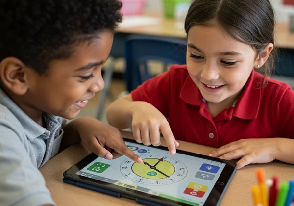 Two students working together with a clock on a tablet.