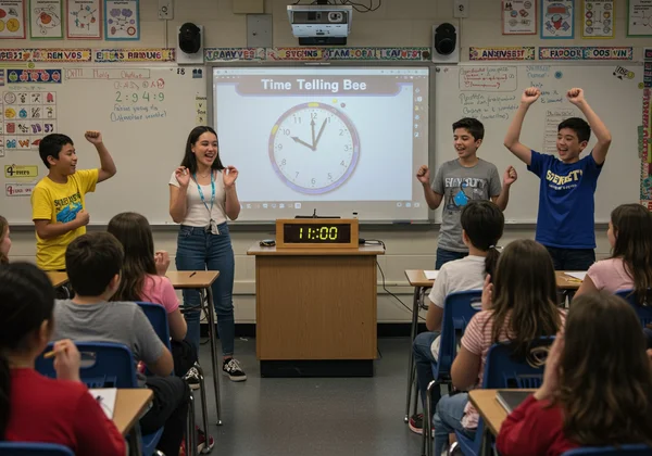 Students playing a competitive time-telling game in class.