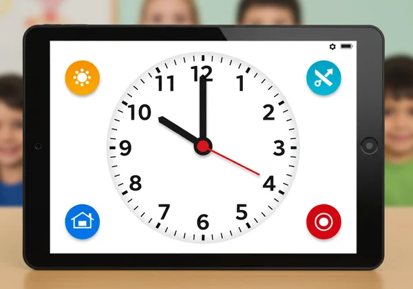 Interactive analog clock teaching tool on a digital screen.