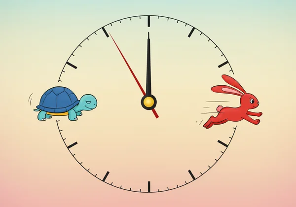 Blue hour hand like a tortoise, red minute hand like a rabbit