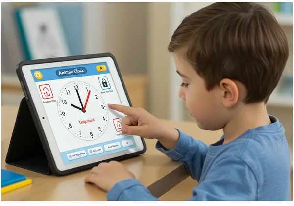Child using interactive clock with learning features