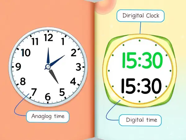 Comparison of analog and digital clocks highlighting time display differences.