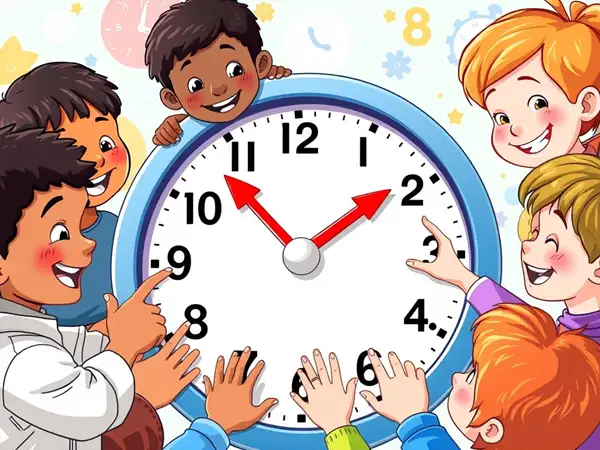 Children learning to use an analog clock in an interactive setting.