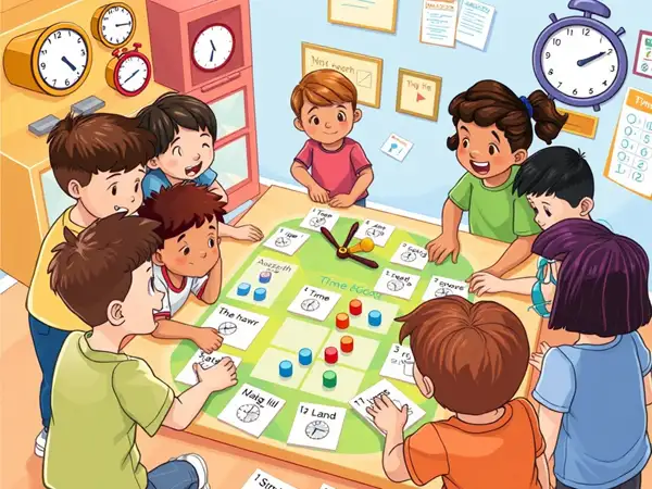 Children playing a random time challenge game for learning time-telling.